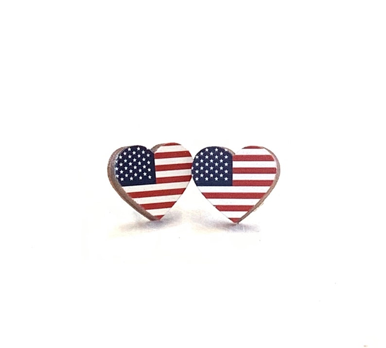 USA Flag Heart Studs Laser Cut Earrings from Reforested Wood image 1