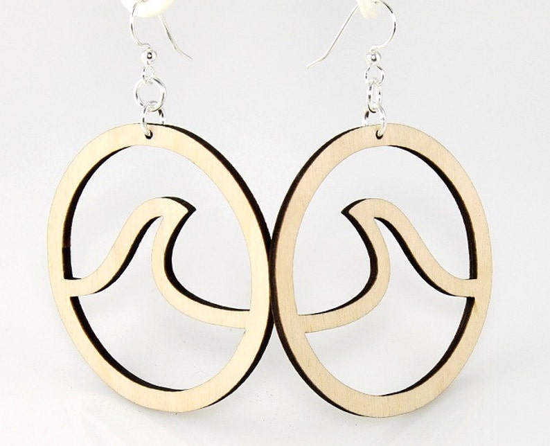 Wave in Circle Earrings Laser Cut out of Reforested Wood image 3