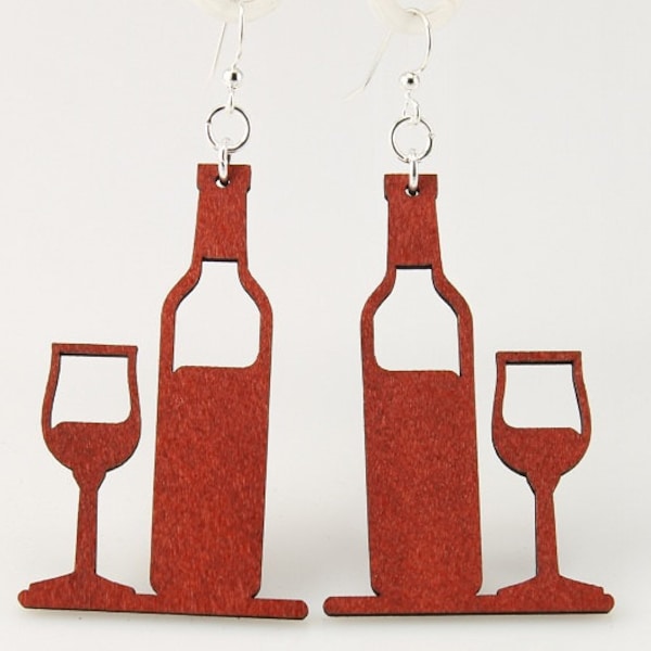 Wine and Bottle Glass - Wood Earrings