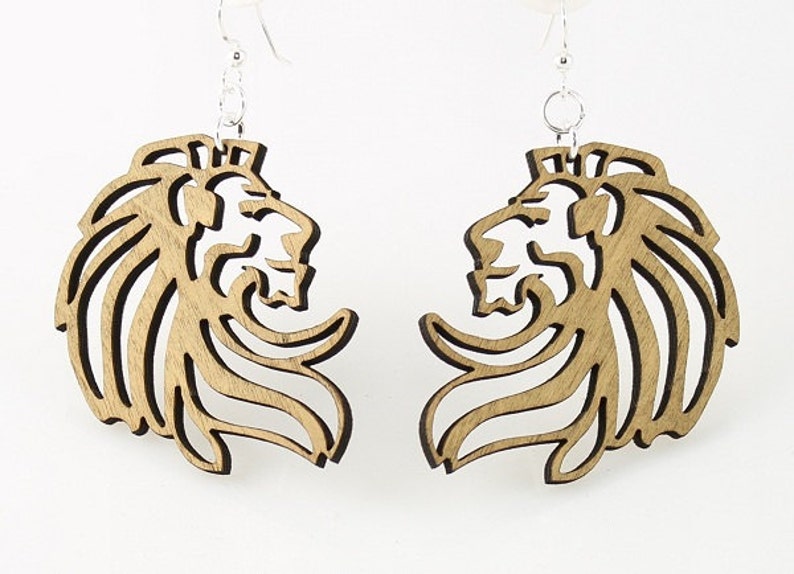 Lion Earrings Made from Wood image 1