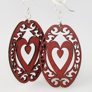 Decorative Heart Oval - Wood Earrings