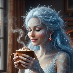 May include: A woman with blue hair and skin, decorated with snowflake patterns, holds a steaming brown mug of cocoa. She wears a red and white cup earring. The image has a winter theme.