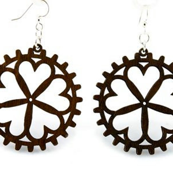 Hearts in Gears - Laser Cut Earrings from Reforested Wood - Hugo Heart Gear