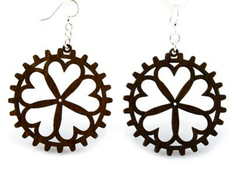 Hearts in Gears Laser Cut Earrings from Reforested Wood Hugo Heart Gear image 1