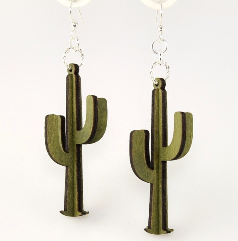 3D Cactus Wood Earrings image 3