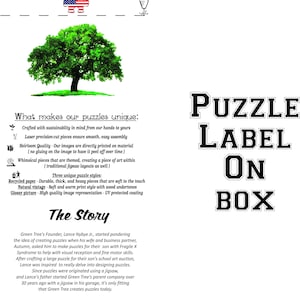 Puede incluir: Etiqueta de Green Tree Puzzles en una caja con una ilustraci&oacute;n de un &aacute;rbol verde. La etiqueta muestra el texto "Puzzle Label On Box" en letras negras grandes. El texto "What makes our puzzles unique" se enumera con vi&ntilde;etas que describen las caracter&iacute;sticas de los rompecabezas. El texto "The Story" se enumera con una descripci&oacute;n de la historia de la empresa. Una etiqueta de advertencia se encuentra en la parte inferior de la caja con un tri&aacute;ngulo rojo y el texto "ADVERTENCIA: RIESGO DE ASFIXIA - Piezas peque&ntilde;as no aptas para ni&ntilde;os menores de 3 a&ntilde;os o cualquier persona que tenga tendencia a colocar objetos no comestibles en su boca."
