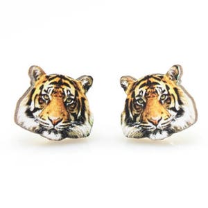 Tiger Stud Earrings - Laser Cut Wood - Super light weight Earrings