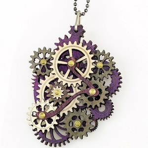 Purple Themed Kinetic Gear Pendant #6001E- All made from laser cut moveable wood pieces