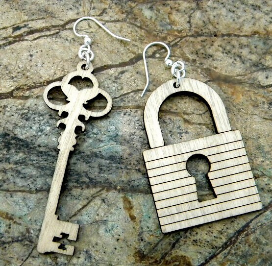 Lock and Key Earring Set Laser Cut Wood Earrings Etsy