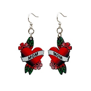 Mom Heart Tattoo #1616 - Wood Earrings