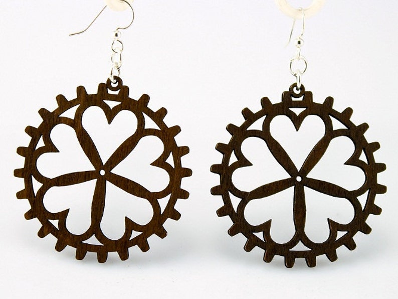 Hearts in Gears Laser Cut Earrings from Reforested Wood Hugo Heart Gear image 3