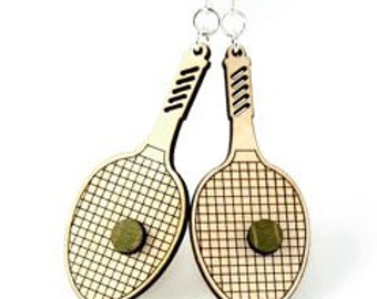 Tennis Racquets with Little Green Tennis Ball  - Laser Cut wood Earrings - Eco Friendly