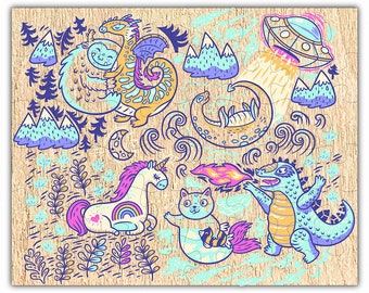 Unicorns, Dragons, and Aliens Puzzle #6402 - Wooden Jigsaw Puzzle - 48pcs