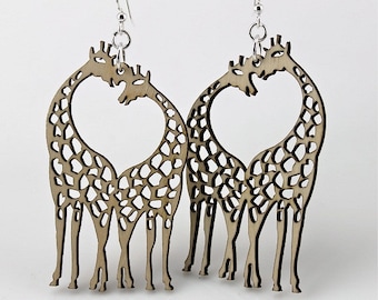 Giraffes with Heart in the middle - Wood Earrings