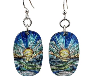 Mosaic Ocean Blossom Earrings - Laser Cut Wood - light weight earrings