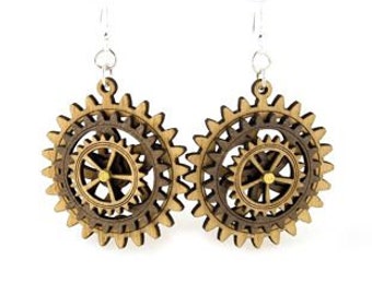 Triple Layered Spinning Kinetic Gears  - Laser Cut Wood Earrings #5004C