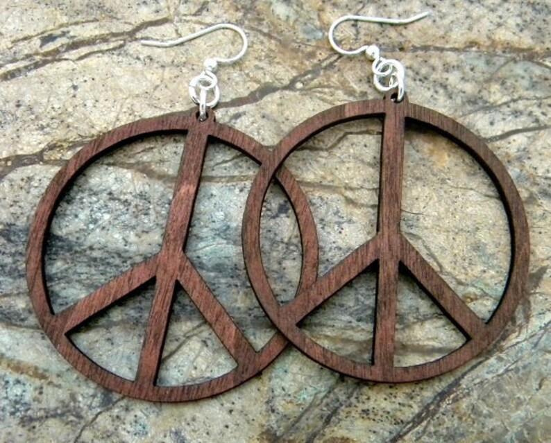 Large Peace Sign Wood Earrings image 4