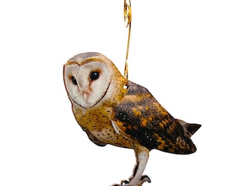 Könnte beinhalten: Ein brauner und weißer Scheunen-Eulen-Anhänger mit einem goldenen Haken. Die Eule hat schwarze Augen und ein geflecktes Muster auf ihren Flügeln.