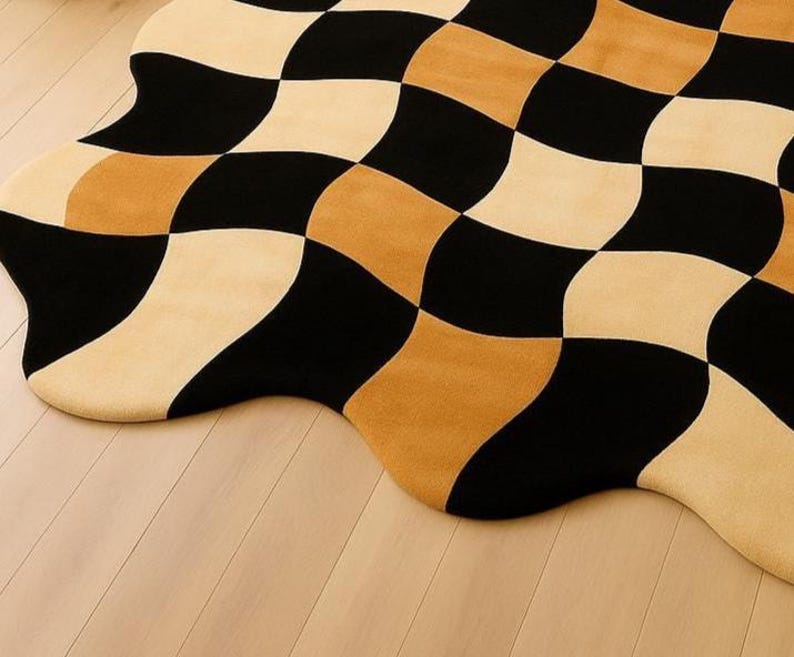 Faded Checkerboard Rug Wavy Checkerboard Area Rug: Black, Beige, and Tan - Modern Handmade ...