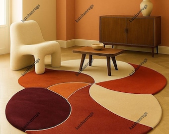 Handmade Wool Round Rug: Mid-Century Modern Geometric Design
