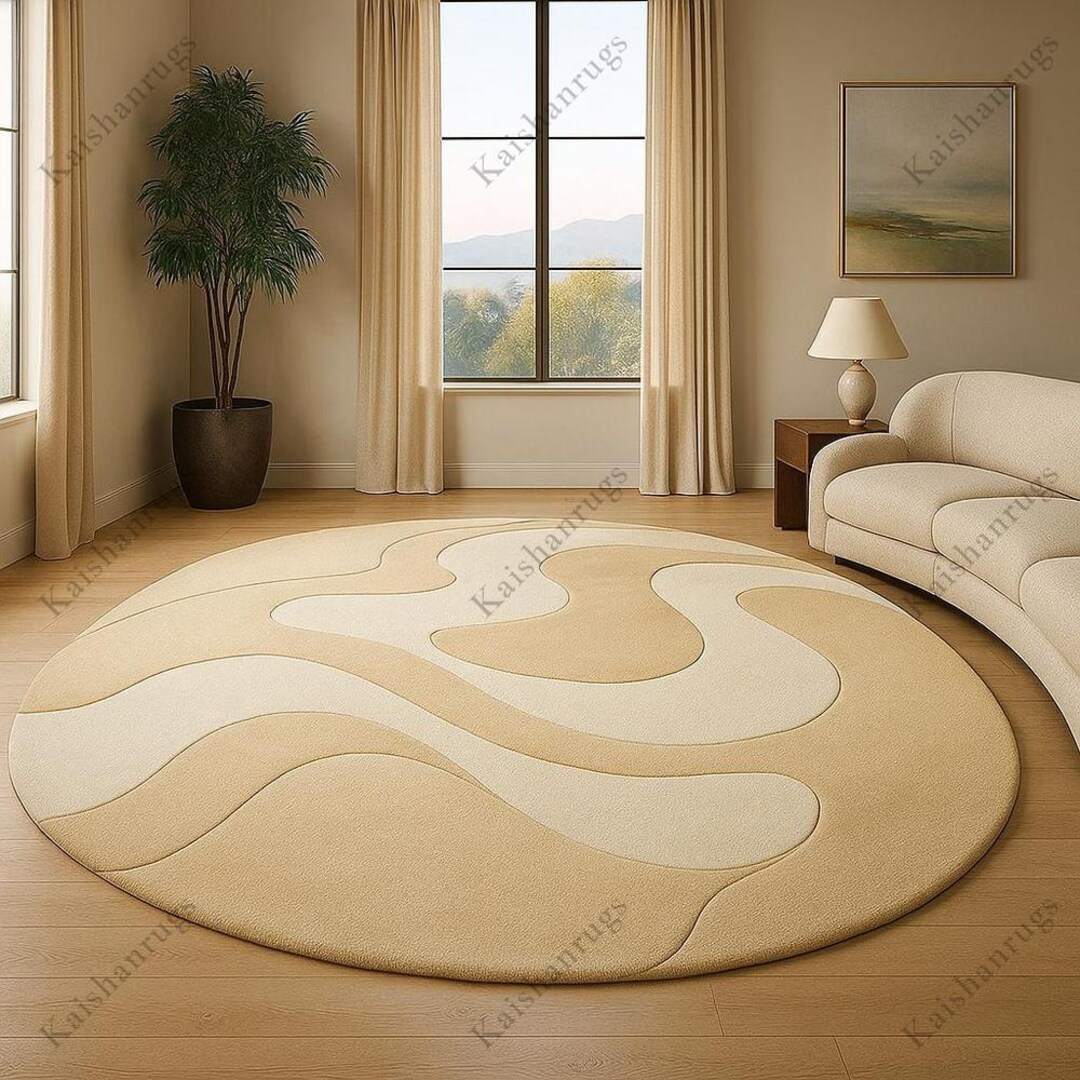Beige Round Area Rug: Modern Wavy Design, Neutral Decor - Etsy