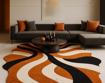 Handmade Abstract Wool Rug – Retro Orange Black  Cream Wavy Area Rug, Hand-Tufted Modern Accent Carpet for Living Room and kids room