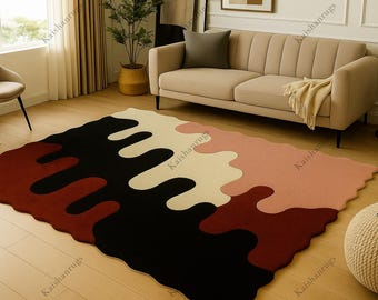 Hand Tufted Melting Swirl Rug: Burgundy, Black, Pink, Cream