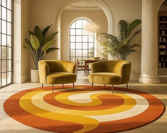 Retro Swirl Hand-Tufted Wool Round Rug: Orange & Yellow