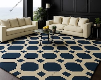 Navy Blue Geometric Wool Rug: Hand-Tufted Octagon Carpet