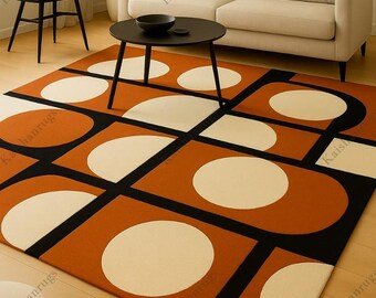 Geometric Terracotta Area Rug: Mid-Century Modern Wool Design