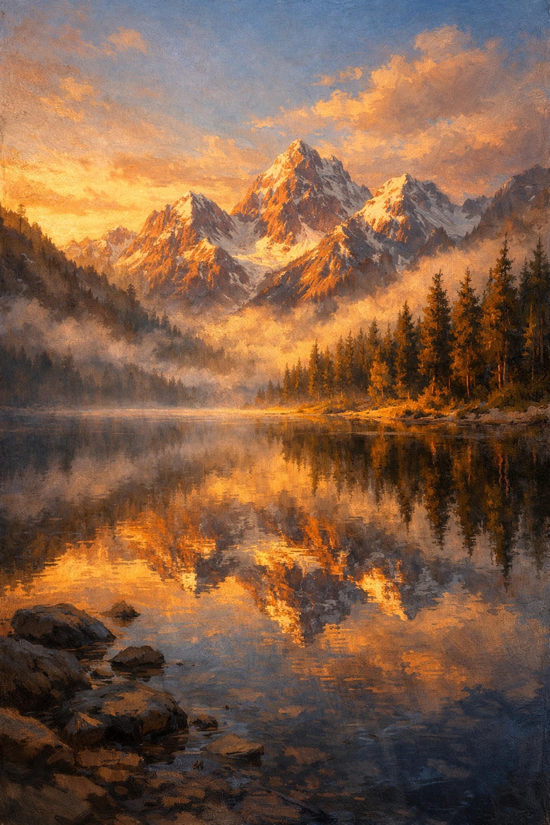 Misty Sunrise Alpine Lake Landscape Print, Golden Mountain Reflection ...