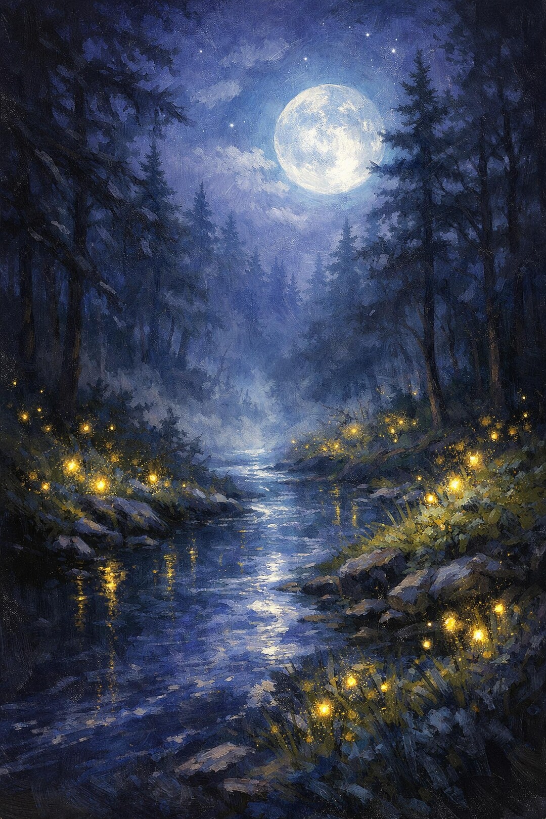 Moonlit Forest River Oil Painting Print | Enchanted Night Landscape ...