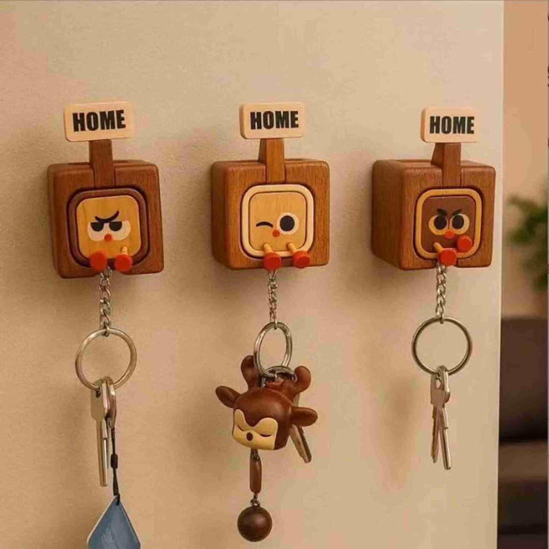 Wooden Home-out Magnetic Keychain, Cute Cartoon Solid Wood Key Ring ...