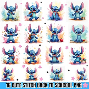 16 PNG Stitch Back To School Watercolor Digital design PNG file for sublimation High Resolution -Instant Digital PNG Download Tshirt designs