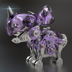 Pode incluir: Um modelo de dinossauro mecânico com esquema de cores roxo e prateado. O dinossauro apresenta detalhes intrincados de engrenagens e juntas, com uma cabeça e chifres roxos transparentes. O modelo é projetado com uma estética estilizada e robótica.