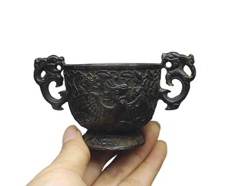 Antique Bronze Dragon Handle Phoenix Incense Cup, Oriental Decor & Wedding Gift