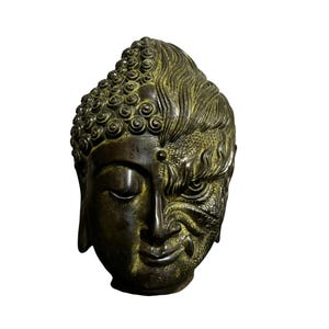 Vintage Bronze Halb Buddha Halb Dämon Kopf Statue, Zen Kontrast Dekor & Einzigartiges Sammler Geschenk