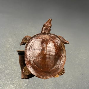May include: A detailed, brown turtle sculpture with a textured shell and a small, upright head. The turtle is positioned on top of a dark, wooden-like structure, possibly a box or stand. The sculpture has a glossy finish.
