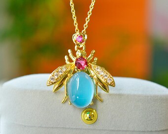 Spider Pendant: Gold-Plated Copper, Green Agate & Pink Gemstone