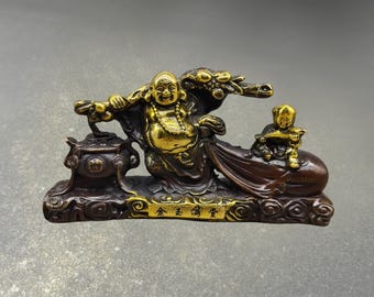 Vintage Purple Bronze Gilded Laughing Buddha Statue, Feng Shui Wealth Decor & Luck Gift