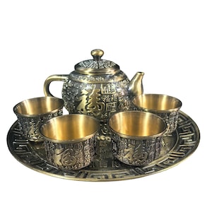 Vintage-Teeservice aus Bronze mit Hundert-Fu-Motiv und Tablett, Feng-Shui-Teedekoration & Geschenk