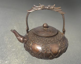 Vintage Bronze Bat & Coin Teapot | Feng Shui Tea Pet