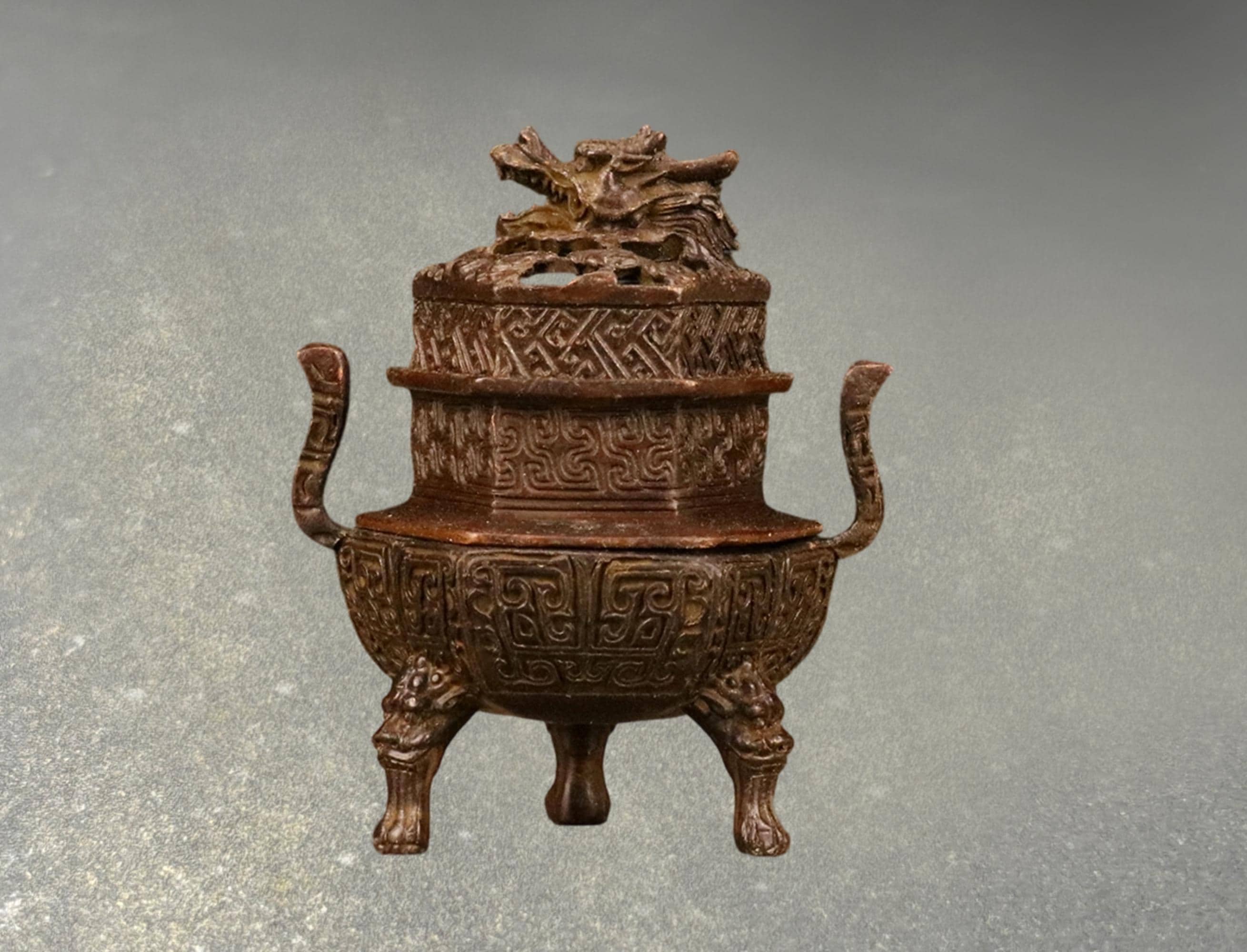 Vintage Bronze Dragon-topped Tripod Incense Burner | Chinese