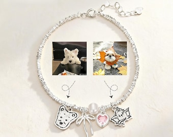 Pulsera personalizada de plata 925 con foto de mascota, brazalete con dije de retrato de perro o gato con diseño de corazón y lazo, regalo de joyería personalizada con motivos de animales.