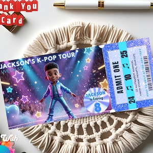 Afro K-pop Birthday Invitation Ticket, Concert Party Pass for Boys, Editable Pop Star Invite, 9x4 Canva Template, Neon Stage Theme