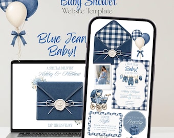 Blue Jean Baby Shower Website Template, Denim Baby Shower Invitation with RSVP, Editable Canva Baby Shower Website