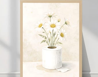 Japandi Wall Art Bathroom Print, Daisy Toilet Paper Vase Art, Minimal Floral Bathroom Decor, Neutral Funny Wall Art