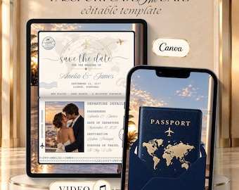 Navy Passport Save the Date Video, Destination Wedding Invitation, Boarding Pass Invite, Editable Canva Wedding Video with Music