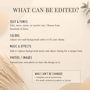 May include: A beige graphic with text detailing editable elements. Text includes "TEXT & FONTS", "COLORS", "MUSIC & EFFECTS", and "PHOTOS / IMAGES". The image also lists what cannot be changed, such as template size and orientation.