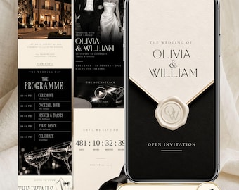 Black and Ivory Wedding Website Template, Editorial Wedding Invitation with Online RSVP, Editable Canva Website, Music, Countdown